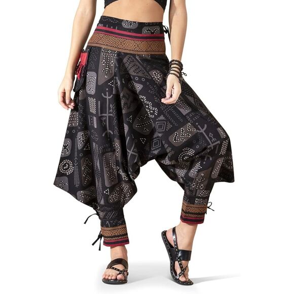 Harem pants Palazzo Black Multicolor Joggers Cotton Printed Oversized One size - Picture 1 of 7
